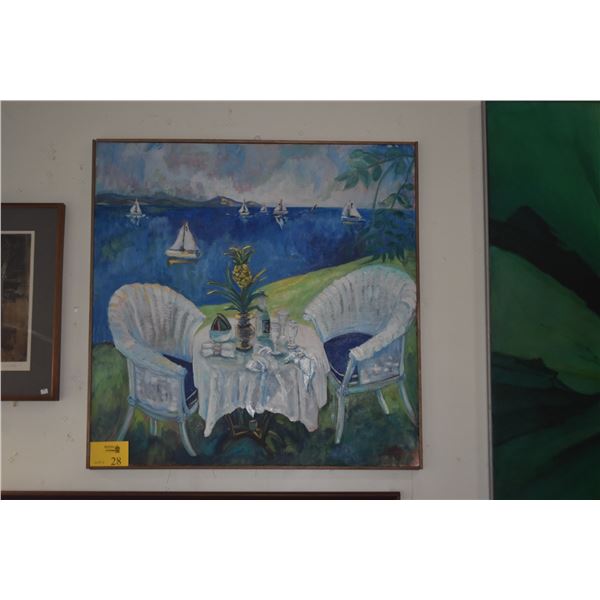 FRAMED OIL ON CANVAS, COASTAL LUNCH OVERLOOKING SAIL BOATS; SIGNED (36 1/2" X 37")