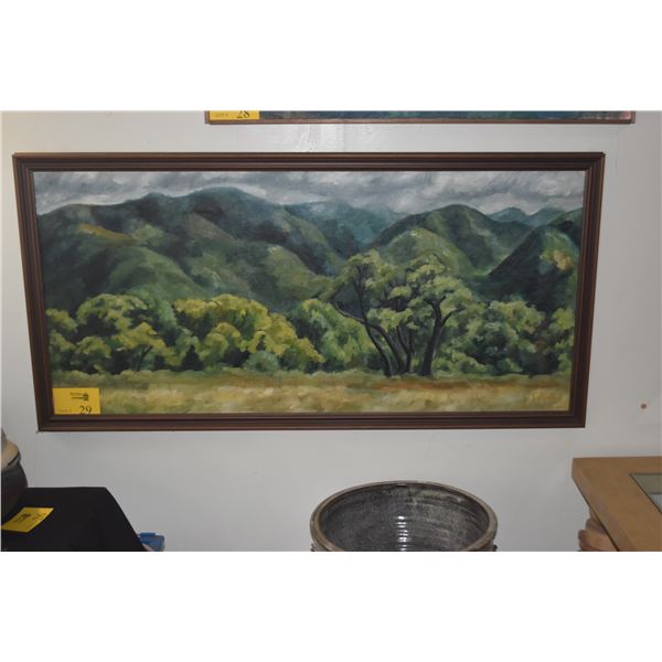 FRAMED OIL PAINTING ON MASONITE, MOUNTAIN LANDSCAPE; SIGNED J. STEELE (JANE) (50 1/4" X 25")