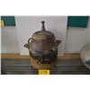 Image 1 : BROWN & TAN STONEWARE CERAMIC LIDDED JAR W/SIDE LOOP HANDLES; UNSIGNED (20")
