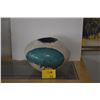 Image 1 : BARREL SHAPED RAKU POTTERY VASE W/WHITE CRACKLE GLAZE FINISH & TURQUOISE ACCENT