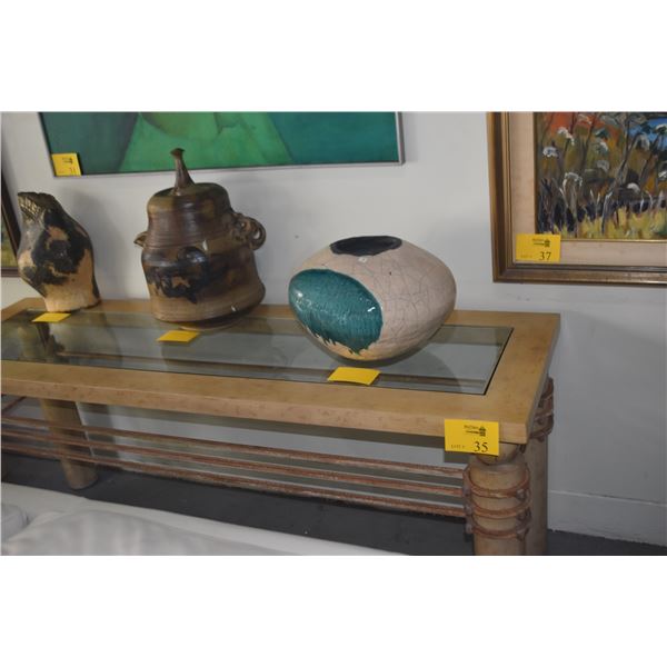 POSTMODERN CONSOLE TABLE W/GLASS TOP (72" X 22" X 28 1/2")