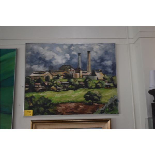 FRAMED HAWAIIAN OIL ON CANVAS; SUGAR MILL; SIGNED J. STEELE (JANE) (46" X 36")