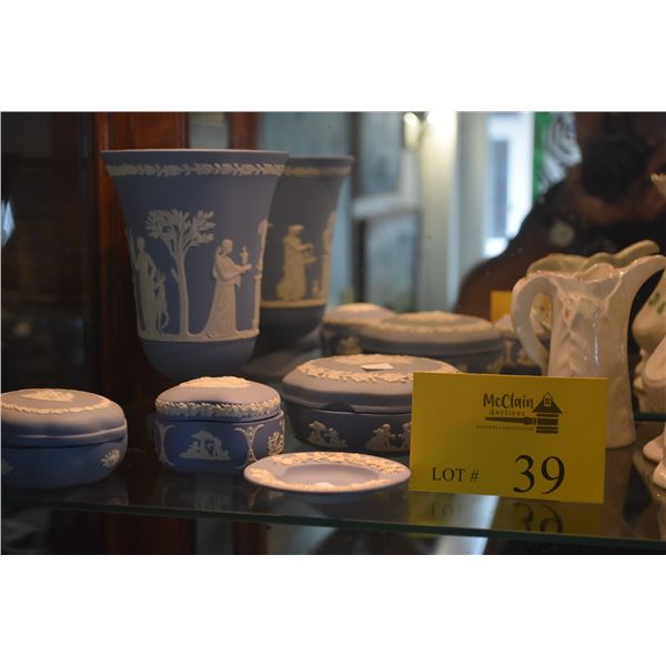 COLLECTION OF BLUE & WHITE WEDGWOOD VASE & COVERED BOXES (5 PCS)