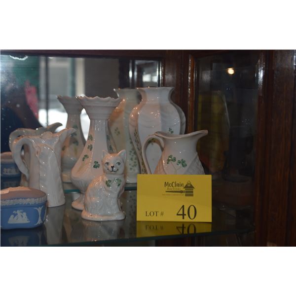 COLLECTION BELLEEK VASES, PITCHERS & CAT FIGURE (5 PCS)