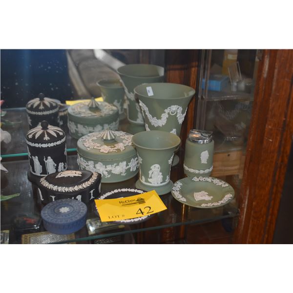 COLLECTION OF ASSORTED WEDGWOOD VASES, COVERED BOXES, DISHES & LIGHTER IN GREEN, BLACK & BLUE (9 PCS