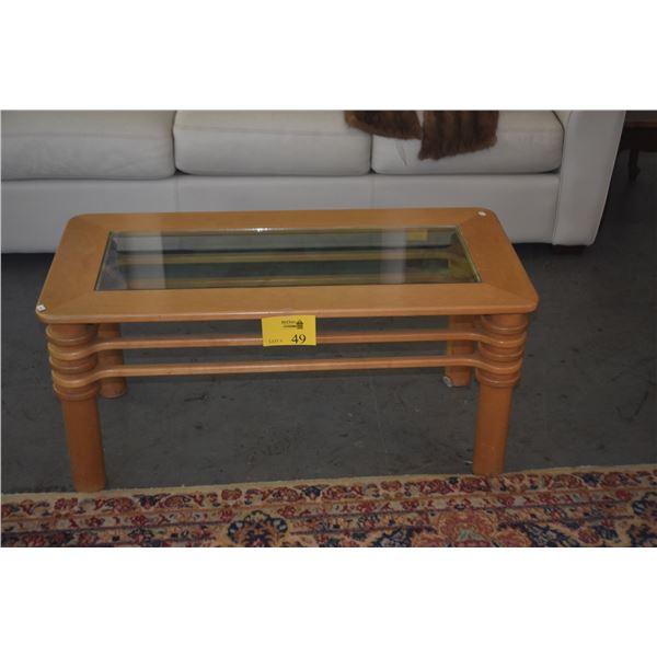VINTAGE WOOD COFFEE TABLE W/GLASS INSET TOP (40" X 20" X 18 1/4")