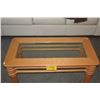 Image 2 : VINTAGE WOOD COFFEE TABLE W/GLASS INSET TOP (40" X 20" X 18 1/4")