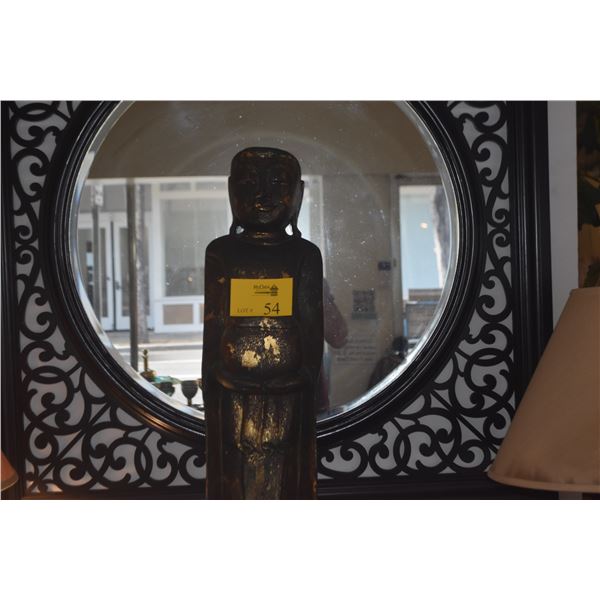 CARVED WOODEN STATUE OF A STANDING BUDDHIST MONK W/OFFERING BOWL (41")