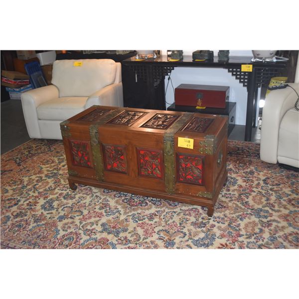 STORAGE CHEST W/TRADITIONAL CHINESE CARVED RELIEF PANELS (47 1/2" X 20" X 24")