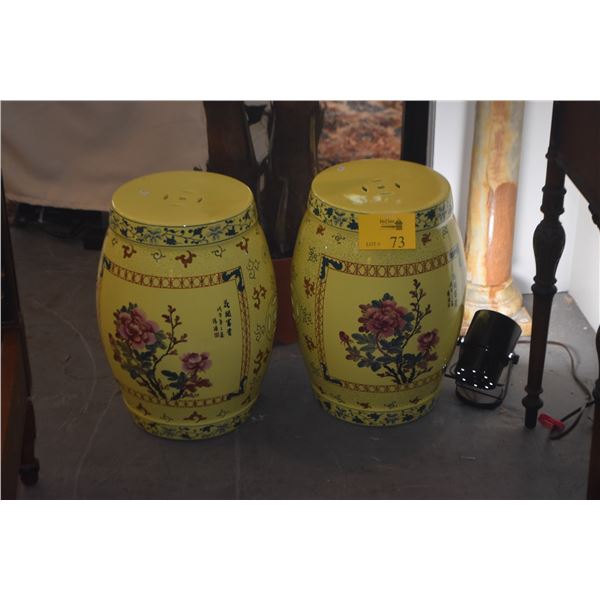 PAIR DECORATIVE CERAMIC GARDEN STOOLS, YELLOW W/FLORAL MOTIF (PAIR)
