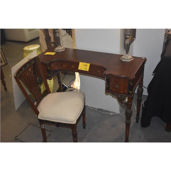 ANTIQUE VANITY W/HAND PAINTED SCROLL & FLORAL MOTIF, CENTER MIRROR & 2 DRAWERS W/SIDE CHAIR (2 PCS)