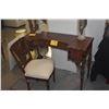 Image 1 : ANTIQUE VANITY W/HAND PAINTED SCROLL & FLORAL MOTIF, CENTER MIRROR & 2 DRAWERS W/SIDE CHAIR (2 PCS)