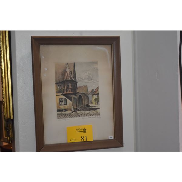 FRAMED VINTAGE COLOR ETCHING PRINT OF PLONLEIN CORNER IN ROTHENBURG OB DER TAUBER (14 1/4" X 18 1/2"