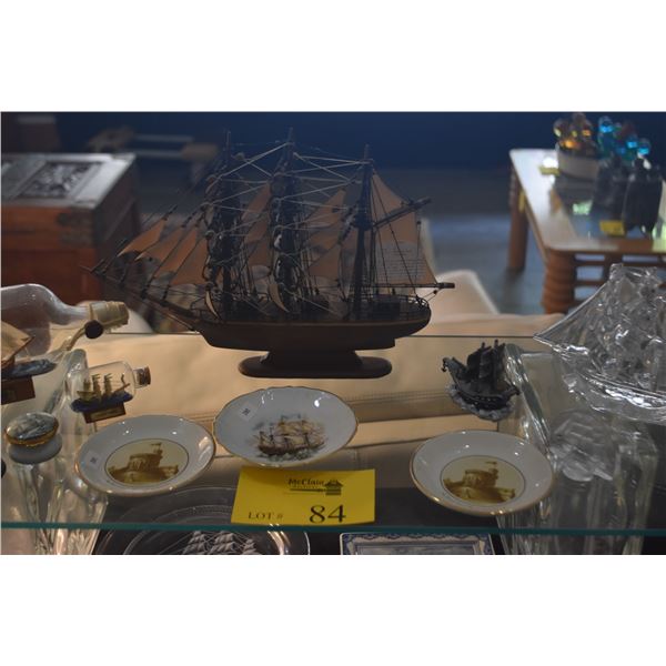 SHIPS IN BOTTLES ("VASA", "RESOLUTION" & "SANTA MARIA"), GLASS SHIPS, PLATES, MODEL SHIP "ELISSA" & 