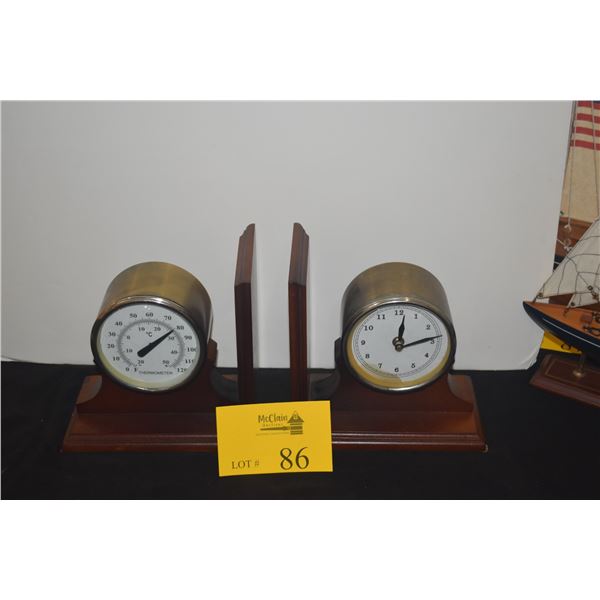 BOOKENDS, CLOCK ON ONE SIDE, THERMOMETER ON OPPOSITE SIDE (2 PCS)