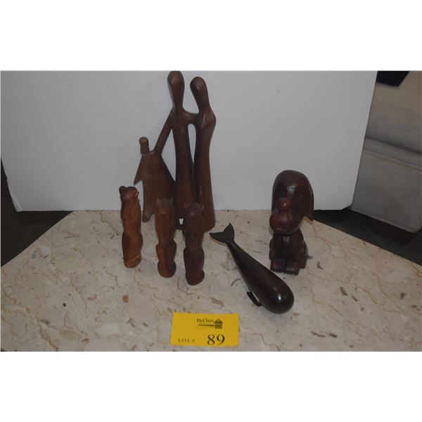 CARVED WOOD STATUARY: SNOOPY, FAMILY, MONKEYS (HEAR NO EVIL, SEE NO EVIL, SPEAK NO EVIL) & CARVED WH