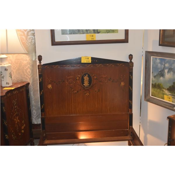PAIR ANTIQUE WOOD SINGLE BED FRAMES FEATURING NEOCLASSICAL PAINTED FLORAL MOTIFS & A CENTRAL MEDALLI