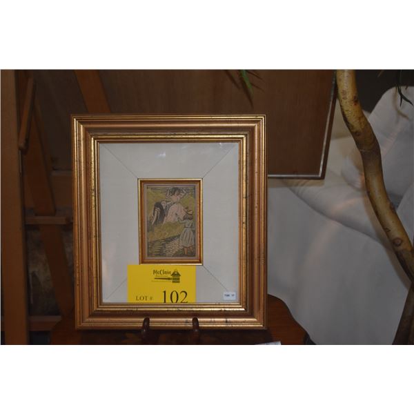 FRAMED ORIGINAL WOODCUT, "THE QUEEN OF THE FISHES"; LUCIEN PISSARRO (12" X 13 1/2") (DOES NOT INCLUD
