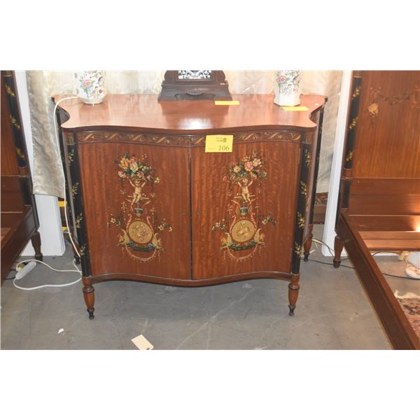 ANTIQUE HAND PAINTED BOW FRONT SIDE BOARD W/2 DOORS & 3 PULLOUT OPEN DRAWERS W/NEOCLASSICAL MOTIFS O