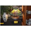 Image 1 : CERAMIC LAMP W/LEADED ART GLASS SHADE