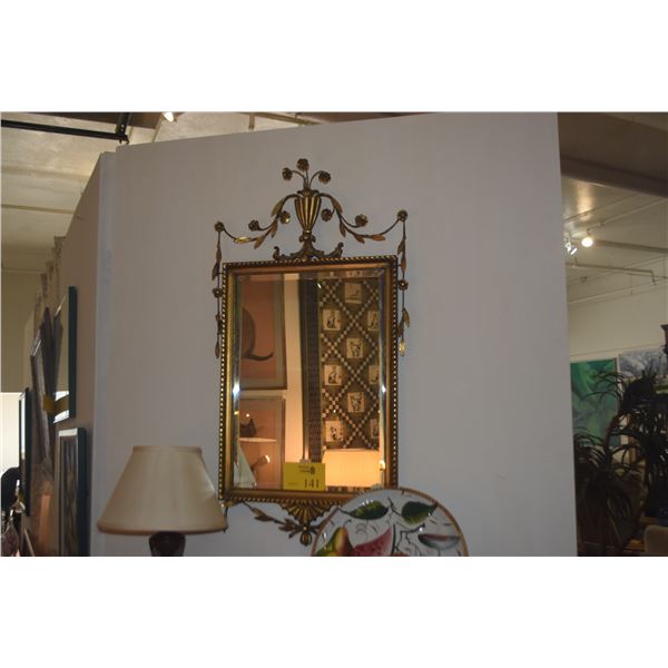 FRAMED NEOCLASSICAL GILTWOOD BEVELED WALL MIRROR W/CENTRAL URN, FLORAL SWAGS & SCROLLWORK (20" X 37"