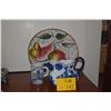 Image 1 : MIXED LOT: BLUE & WHITE PITCHER, DELFT MUG & ITALIAN PLATE W/FRUIT MOTIF (3 PCS) (DOES NOT INCLUDE S
