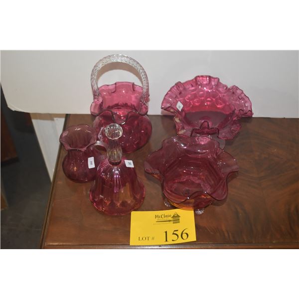 COLLECTION OF CRANBERRY GLASS BOWLS, BASKET, CREAMER & DINNER BELL (5 PCS)