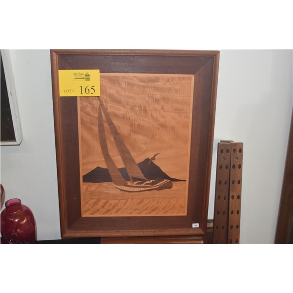 VINTAGE MARQUETRY INLAY WALL ART, SAILBOAT (17" X 21")
