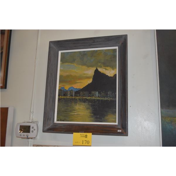FRAMED OIL ON CANVAS, COASTAL CITY SKYLINE W/SILHOUETTED PEAK, SIGNED C. JEAN (19 1/2" X 22 1/2")