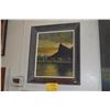 Image 1 : FRAMED OIL ON CANVAS, COASTAL CITY SKYLINE W/SILHOUETTED PEAK, SIGNED C. JEAN (19 1/2" X 22 1/2")