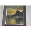 Image 2 : FRAMED OIL ON CANVAS, COASTAL CITY SKYLINE W/SILHOUETTED PEAK, SIGNED C. JEAN (19 1/2" X 22 1/2")