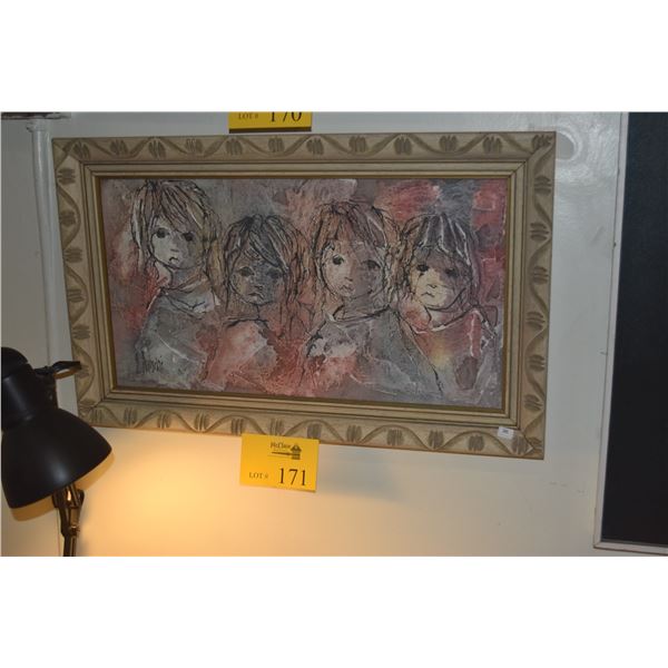 FRAMED OIL PAINTING ON CANVAS, FOUR CHILDREN; SIGNED P. BUTSCHI (25 1/2" X 15 1/2")