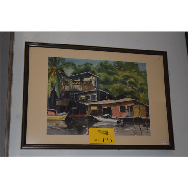FRAMED WATERCOLOR PAINTING, WATERFRONT HOME W/BOATS MOORED; SIGNED HOPE (HAYWARD)