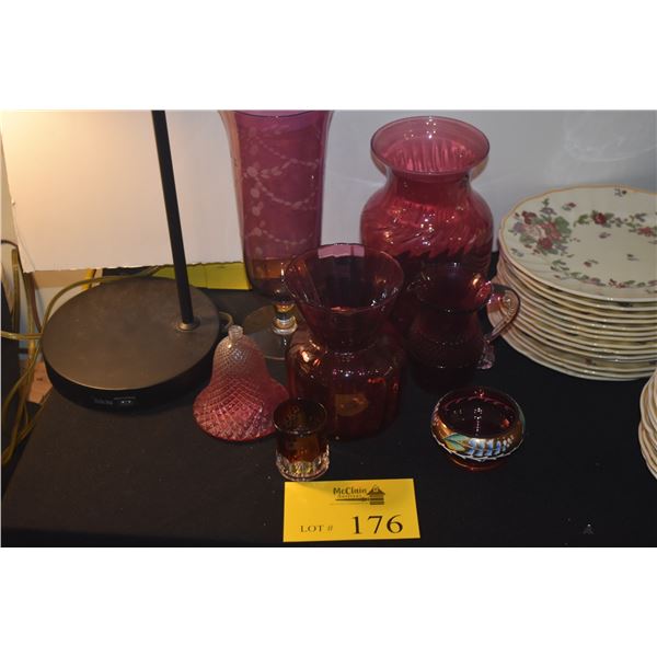 COLLECTION OF CRANBERRY GLASS VASES, PITCHER, TOOTHPICK HOLDER, BOTTLE, ETC. (7 PCS)