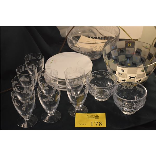 LENOX COLLECTION BOWLS & GLASSES & HAND PAINTED CAT PLATES (20 PCS)