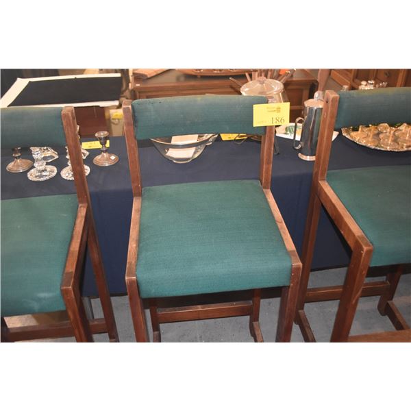 WOODEN COUNTER STOOLS W/GREEN UPHOLSTERY (4 PCS)
