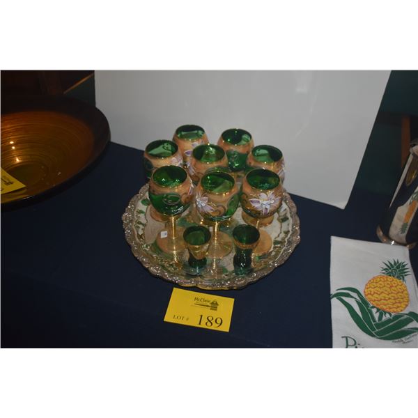 VENETIAN GREEN & GOLD LEAF GOBLETS, SHOT GLASSES & TRAY (11 PCS)