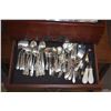 Image 4 : COLLECTION OF ASSORTED SERVING SPOONS, FORKS, LADLE, PIE SERVER, KNIVES, FLATWARE, CHEESE KNIVES, ET