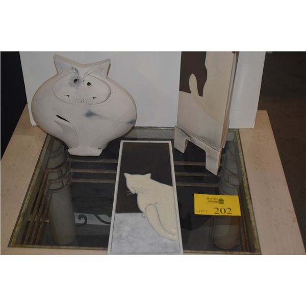 CERAMIC CAT SCULPTURES & WALL HANGING (3 PCS)