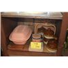 Image 1 : CERAMIC FRENCH ONION SOUP BOWLS W/COVERS, EL CAMINO OLDE WORLD TERRACOTTA ROASTER, WOOD TRAYS & BASK