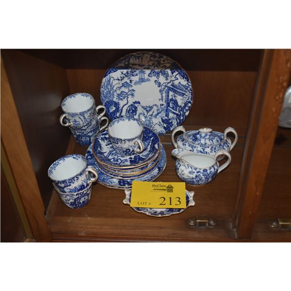 ROYAL CROWN DERBY BLUE & WHITE TEACUPS, SAUCERS, PLATES, CREAMER, SUGAR & DISH (17 PCS)