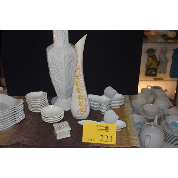 VINTAGE WHITE GLAZED PORCELAIN HEXAGONAL CANDLE HOLDER, BUTTERFLY DISHES, SHELL DISHES, PORCELAIN BO