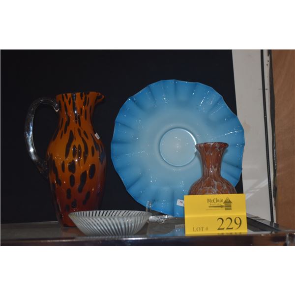 MIXED LOT: VINTAGE BLUE CASE GLASS RUFFLED EDGE BOWL, MID CENTURY ART GLASS VASE, PITCHER & BOWL (4 
