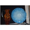 Image 2 : MIXED LOT: VINTAGE BLUE CASE GLASS RUFFLED EDGE BOWL, MID CENTURY ART GLASS VASE, PITCHER & BOWL (4 