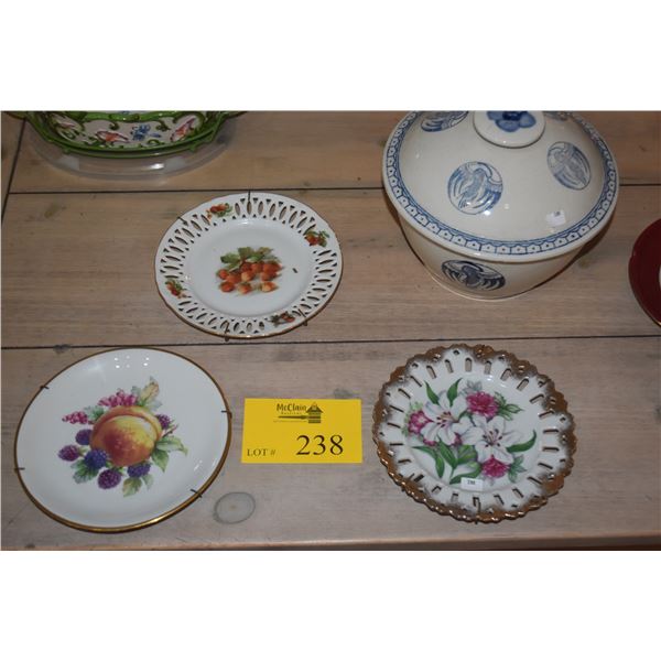 ASSORTED DECORATIVE PLATES & VINTAGE BLUE & WHITE CRANE/PHOENIX COVERED RICE BOWL (6 PCS)