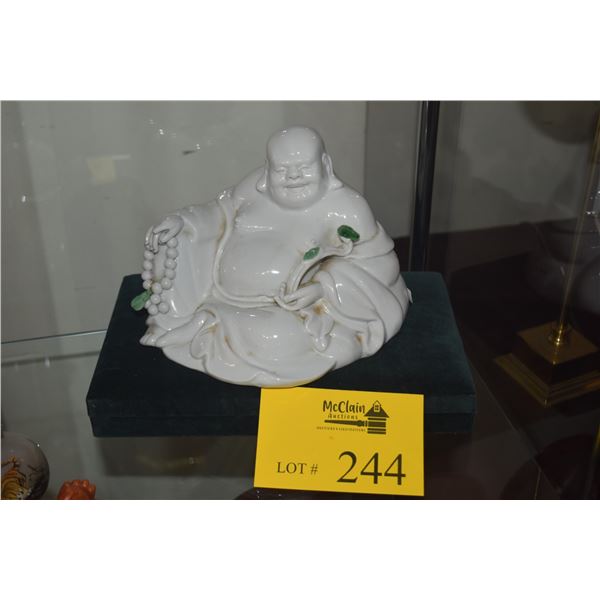 VINTAGE CHINESE BLANC DE CHINE HAPPY BUDDHA IN REPOSE ACCENTUATED W/ANTIQUE GREEN JADES (5 1/2" X 6 