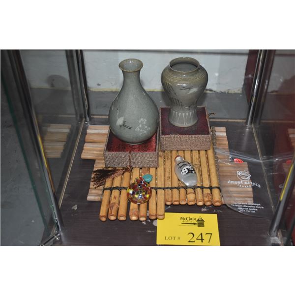 MIXED LOT: CELEDON VASES, SNUFF BOTTLES & BOXES (6 PCS) (DOES NOT INCLUDE STAND)