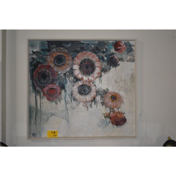 FRAMED ABSTRACT FLORAL OIL ON CANVAS; SIGNED LAU CHUN 1977 (45" X 41")