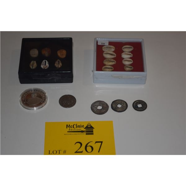 COLLECTION OF CHINESE BRASS & SHELL & MONETARY COINS