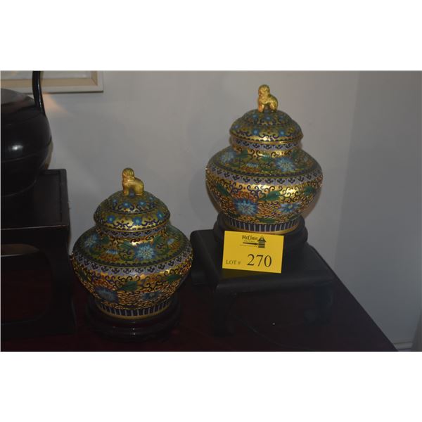 VINTAGE POLYCHROME FLORAL CLOISONNE LIDDED JARS W/ORIGINAL STANDS (12 1/2") (2 PCS)